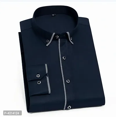 Stylish Cotton Navy Blue Solid Long Sleeves Casual Shirt For Men