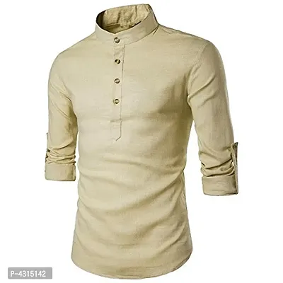 Stylish Cotton Beige Solid Full Sleeves Short Kurta For Men