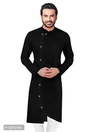 Stylish Cotton Blend Black Solid Full Sleeves Cross Length Kurta For Men-thumb0