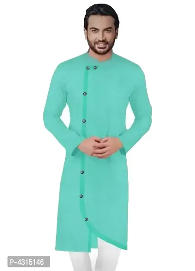 Stylish Cotton Blend Green Solid Full Sleeves Cross Length Kurta For Men