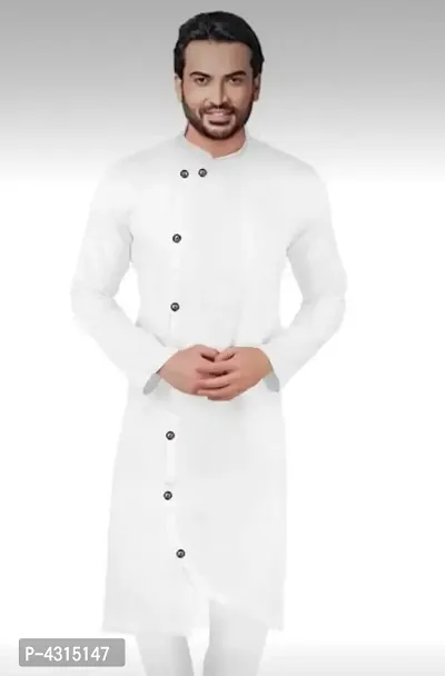 Stylish Cotton Blend White Solid Full Sleeves Cross Length Kurta For Men