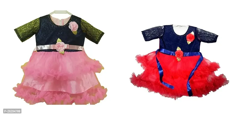Fancy Multicoloured Cotton Blend Frocks Dresses For Girls Pack Of 2