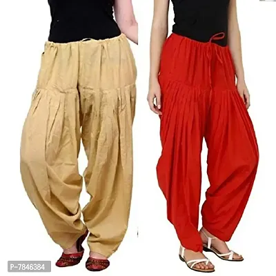 SwaNit Readymade Cotton Patiala Salwars for Women, Beige, Red (Free Size, Pack of 2)-thumb0