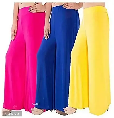 SwaNit Women's Loose Fit Palazzo (Pack of 3) (SDMP1-BluPY3_Blue,Pink & Yellow_Free Size)