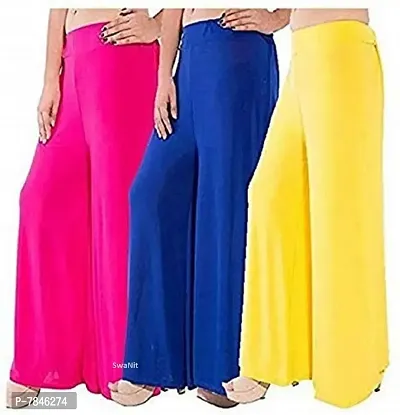 SwaNit Women's Loose Fit Palazzos (Pack of 3) (SDMP-PBluY3_Pink, Blue & Yellow_Free Size)