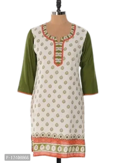 Stylish Cotton Green Round Neck 3/4 Sleeve Printed Kurta With Lining Set For Women
