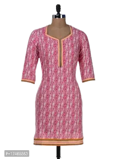 Stylish Cotton Pink Square Neck 3/4 Sleeve Printed Kurta With Lining Set For Women