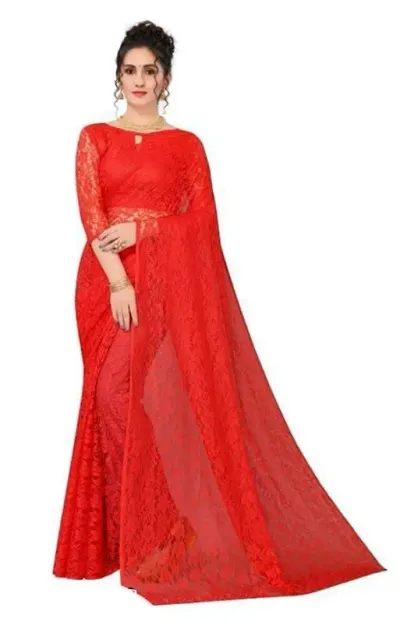 Stylish Net Solid Saree With Blouse Piece For Women