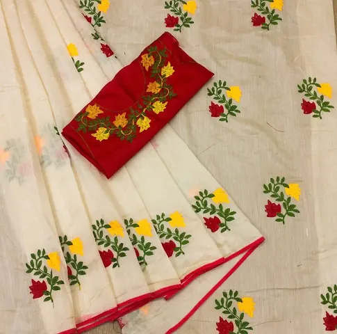 Stylish Blend Embroidered Saree with Blouse piece For Women