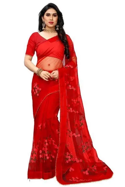 Floral Embroidered Net Sarees With Blouse Piece