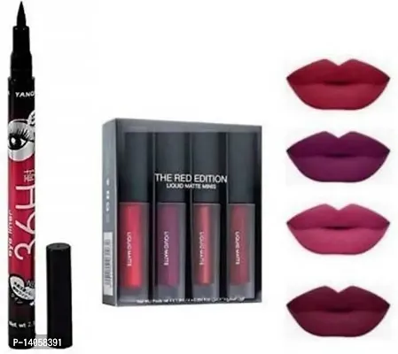 Stylish Fancy Liquid Matte Minis Lipstick Red Edition Pack Of 4 With 36H Eyeliner Pen (5 Items In The Set)