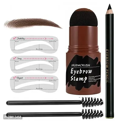 HUDACRUSH BEAUTY 7 in 1 Eyebrow Pencil, Stamp, 2Pcs Brush and 3Pcs Stencils - Waterproof Eyebrow and Hairline Stamp Shadow Stick (Dark Brown Edition)