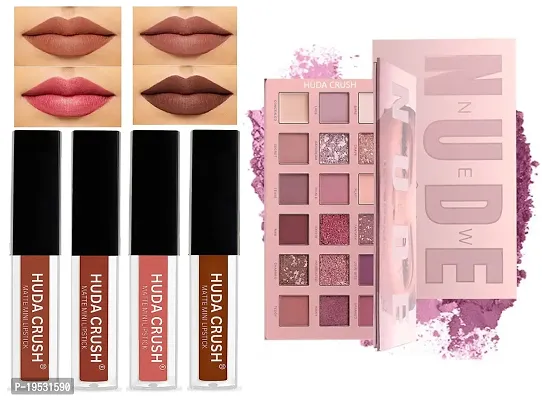 Nude Mini Lipsticks Combo Pack of 4 Liquid Matte Lipstick Set, Nudee Edition with Nudee Eyeshadow Palette 18 Color Makeup Palette