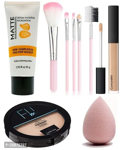 9-in-1 Pink Makeup Combo Kit Featuring 5pcs Luxe Brushes, Foundation, Compact Powder, Concealer, and Makeup Sponge for Flawless Beauty