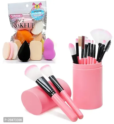 6-in-1 Family Pack Blender Puff for Flawless Makeup, Complete with 12 Pink Edition Makeup Brushes