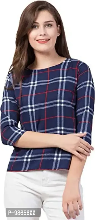 TUSI Fashion Women's Regular Fit Printed Crepe Round Neck 3/4 Sleeves Casual Tops TI-TOP 2.2 (X-Large, Blue White Check)