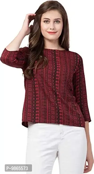 TUSI Fashion Women's Regular Fit Printed Crepe Round Neck 3/4 Sleeves Casual Tops Maroon-thumb0