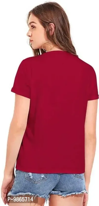 Tusi Round Neck Cotton Printed Women T Shirts (Medium, Maroon)-thumb2