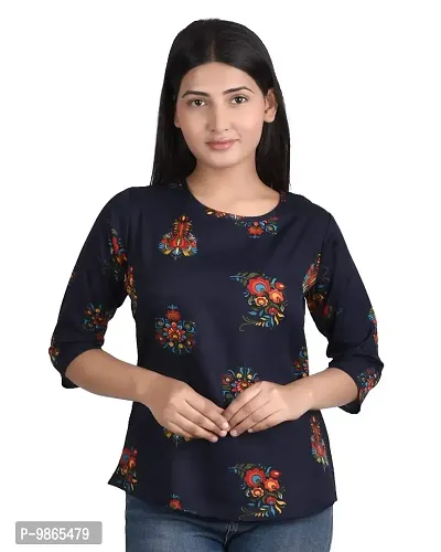 TUSI Fashion Women's Regular Fit Printed Crepe Round Neck 3/4 Sleeves Casual Tops TI-TOP 2.2 (Medium, Blue Big Flower)-thumb0