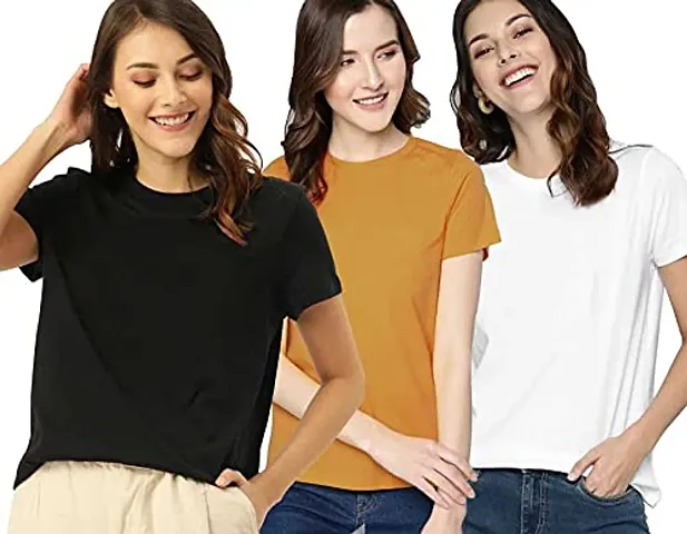 Gold Mines Round Neck Half Sleeve Plain-Solid Women's Black::Mustard::White Cotton T Shirt Combo of 3