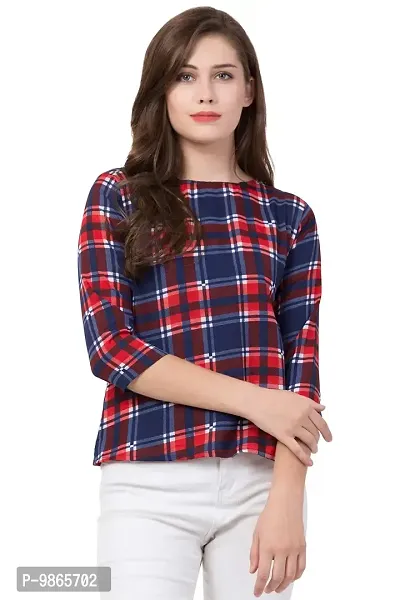 TUSI Fashion Women's Regular Fit Printed Crepe Round Neck 3/4 Sleeves Casual Tops (X-Large, RED Check)