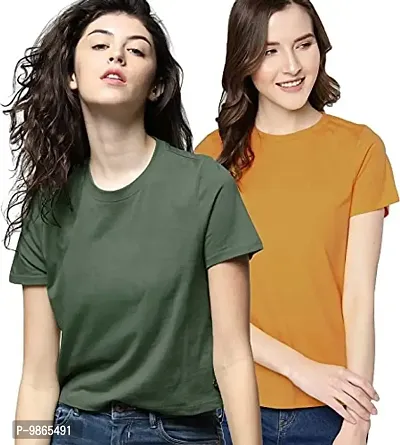 Gold Mines Round Neck Half Sleeve Plain-Solid Women's Olive Green::Mustard Cotton T Shirt Combo of 2