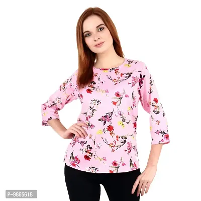 TUSI Fashion Women's Regular Fit Printed Crepe Round Neck 3/4 Sleeves Casual Tops (Large, Pink Z)