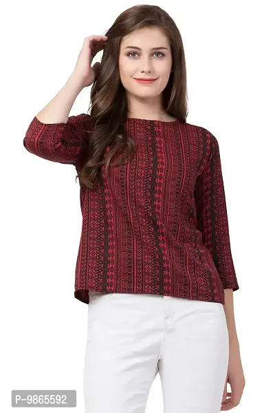 TUSI Fashion Women's Regular Fit Printed Crepe Round Neck 3/4 Sleeves Casual Tops (Large, Maroon)-thumb0