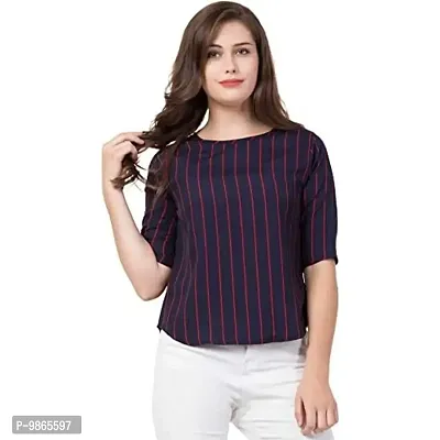 TUSI Fashion Women's Regular Fit Printed Crepe Round Neck 3/4 Sleeves Casual Tops TI-TOP 2.2 (Medium, Blue RED LINE)