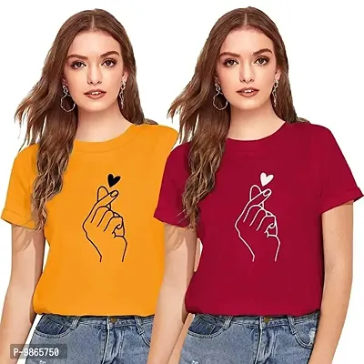 Tusi Women's 100% Cotton Print Regular Fit Round Neck Half Sleeve T-Shirt (X-Large, Yellow-Maroon)