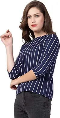 TUSI Fashion Women's Regular Fit Printed Crepe Round Neck 3/4 Sleeves Casual Tops Blue RED LINE (Medium, Blue 1)-thumb1