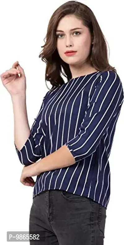 TUSI Fashion Women's Regular Fit Printed Crepe Round Neck 3/4 Sleeves Casual Tops Blue RED LINE (Medium, Blue 1)-thumb2