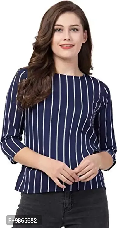 TUSI Fashion Women's Regular Fit Printed Crepe Round Neck 3/4 Sleeves Casual Tops Blue RED LINE (Medium, Blue 1)