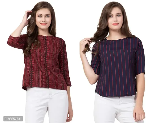 TUSI Fashion Women's Regular Fit Printed Crepe Round Neck 3/4 Sleeves Casual Tops White Check (Small, Maroon - Red line)