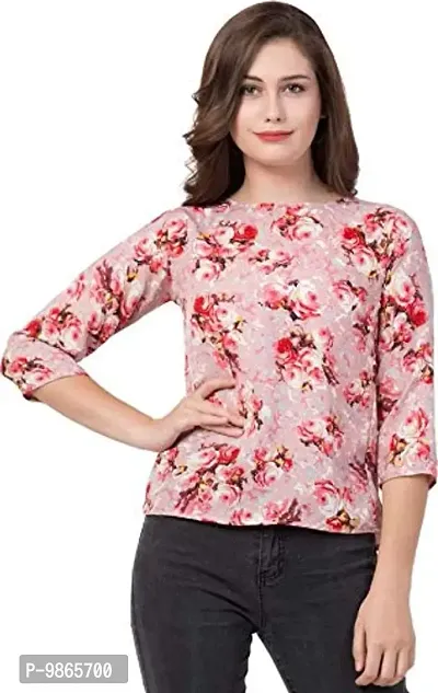 TUSI Fashion Women's Regular Fit Printed Crepe Round Neck 3/4 Sleeves Casual Tops (Small, WHITE PINK)