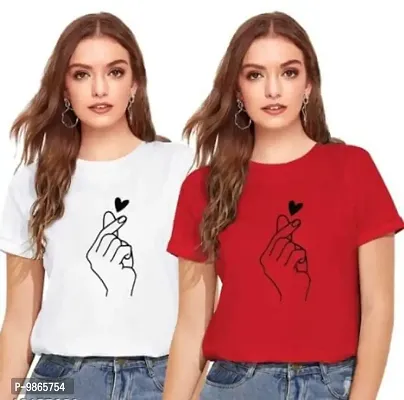 Tusi Women's 100% Cotton Print Regular Fit Round Neck Half Sleeve T-Shirt (Large, White-RED)