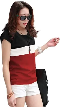 Women Cotton Color Block Regular Fit Stylish Tshirt Maroon-thumb1