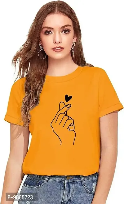 Round Neck Cotton Printed Women T Shirts (Large, Yellow)-thumb0