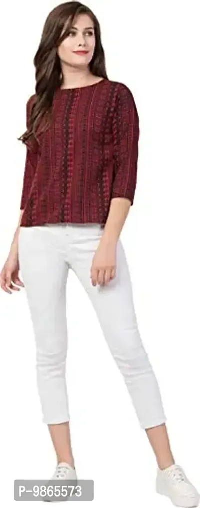 TUSI Fashion Women's Regular Fit Printed Crepe Round Neck 3/4 Sleeves Casual Tops Maroon-thumb5