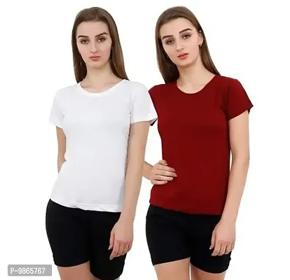 Tusi Women's 100% Cotton Print Regular Fit Round Neck Half Sleeve T-Shirt (Small, White -Maroon)