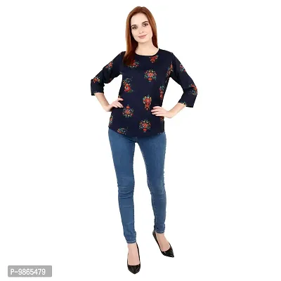 TUSI Fashion Women's Regular Fit Printed Crepe Round Neck 3/4 Sleeves Casual Tops TI-TOP 2.2 (Medium, Blue Big Flower)-thumb5