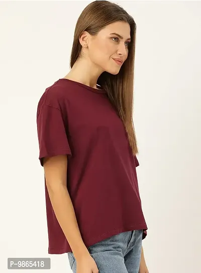 Women's 100% Cotton Plain Regular Fit Round Neck Half Sleeve Maroon Tshirt-thumb2