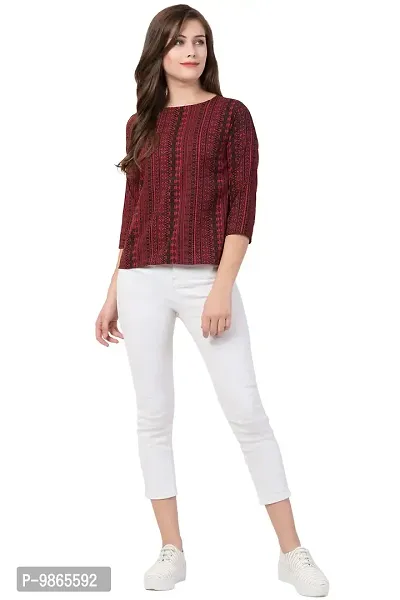 TUSI Fashion Women's Regular Fit Printed Crepe Round Neck 3/4 Sleeves Casual Tops (Large, Maroon)-thumb3