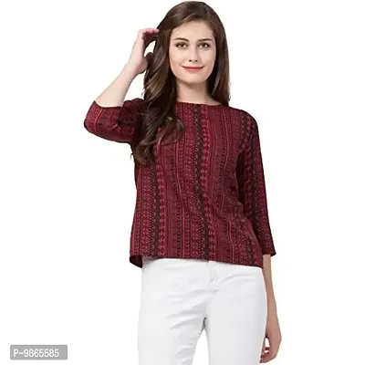 TUSI Fashion Women's Regular Fit Printed Crepe Round Neck 3/4 Sleeves Casual Tops (Small, Maroon)-thumb0