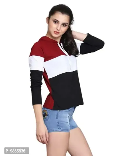 Women's Cotton Blend Full Sleeves Hooded T-Shirt (Small, Maroon)-thumb3