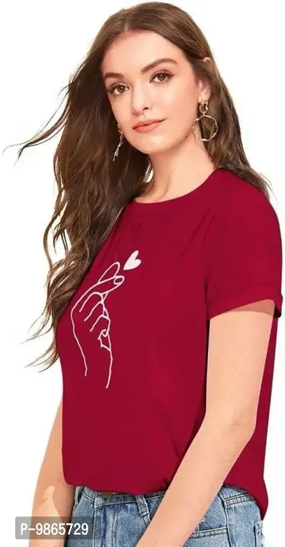 Tusi Round Neck Cotton Printed Women T Shirts (Medium, Maroon)-thumb3