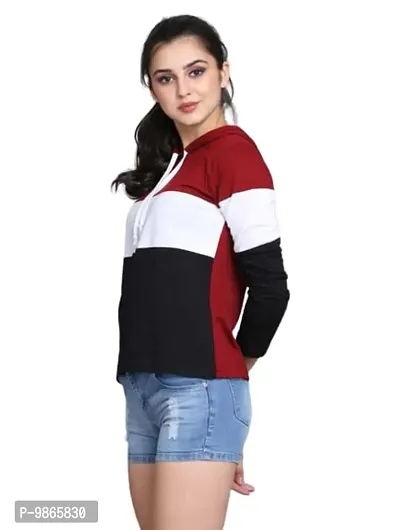 Women's Cotton Blend Full Sleeves Hooded T-Shirt (Small, Maroon)-thumb5