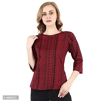 TUSI Fashion Women's Regular Fit Printed Crepe Round Neck 3/4 Sleeves Casual Tops (X-Large, Maroon)-thumb0