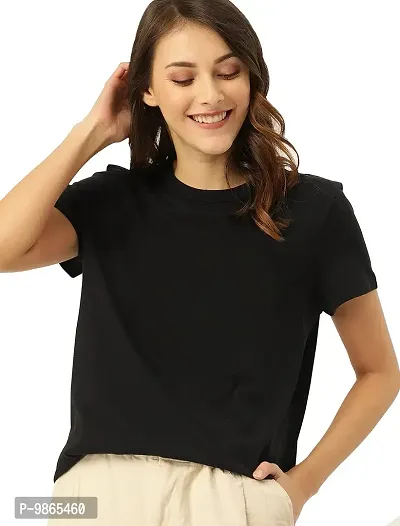 Women's 100% Cotton Plain Regular Fit Round Neck Half Sleeve Black Tshirt-thumb0