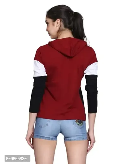 Women's Cotton Blend Full Sleeves Hooded T-Shirt (Small, Maroon)-thumb2